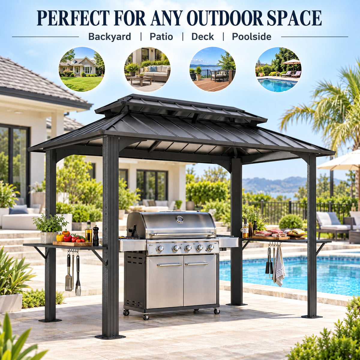 LAUSAINT HOME 5x8 FT Outdoor Grill Gazebo Canopy, BBQ Gazebo with 2-Tier Vented Top, 2 Durable Shelves &amp; Metal Frame Grill ShelterDark Gray