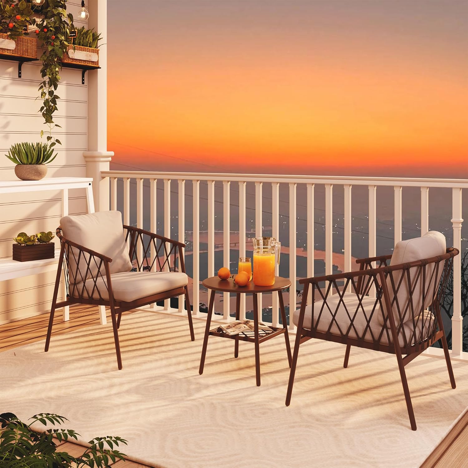 LAUSAINT HOME 3 Pieces Patio Bistro Set, Woven Rope Chairs with Cushions