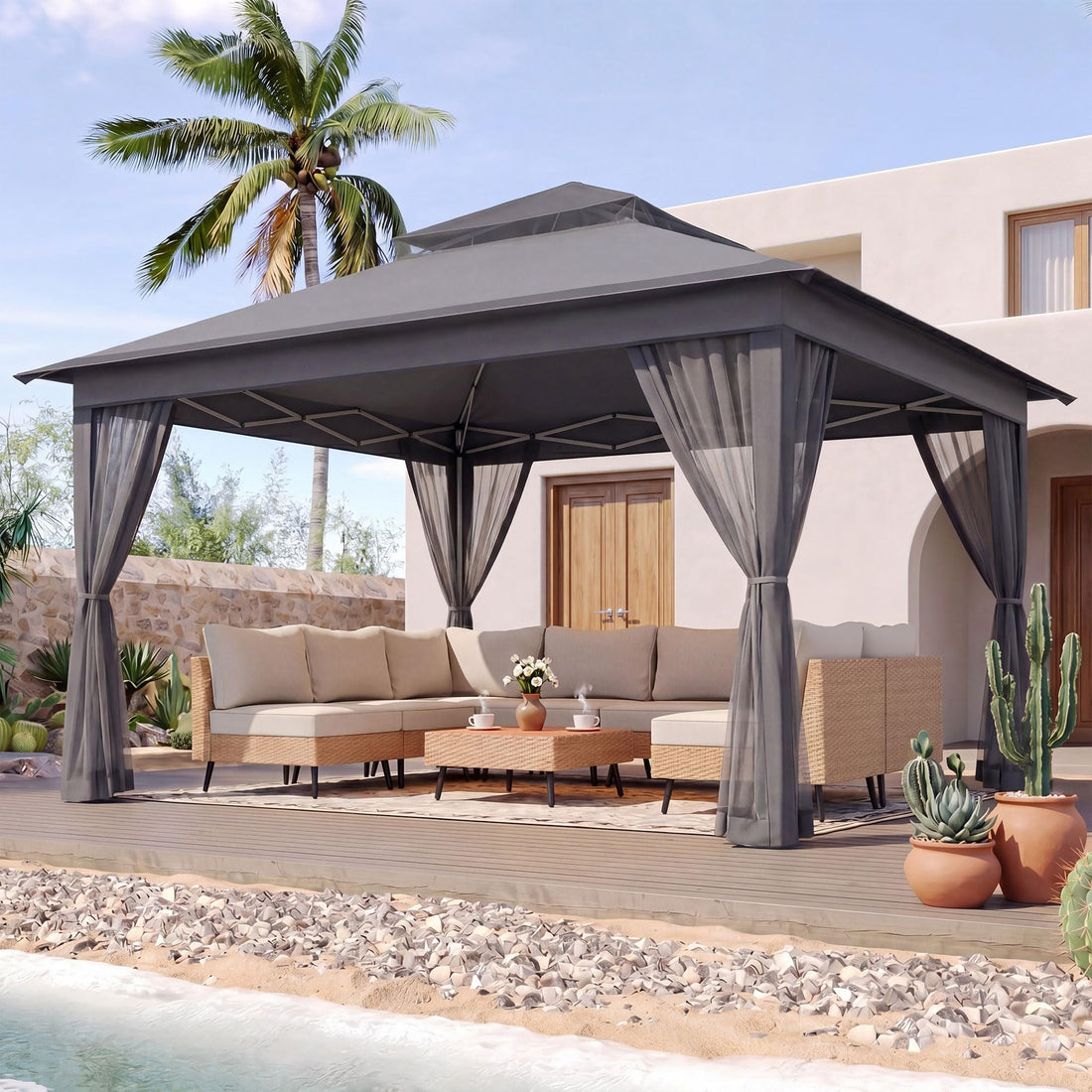 LAUSAINT HOME 11x11 Pop Up Gazebo with Mosquito Netting, Portable Outdoor Gazebo Canopy Tent with Sidewalls, One Push Instant Setup & Adjustable Height for Patio Backyard Party BBQ Deck, Grey