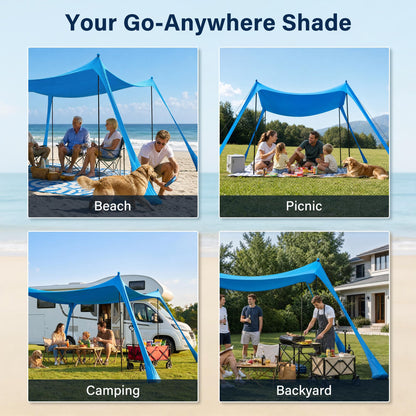 LAUSAINT HOME Beach Tent, 7.5x7.5FT Easy Pop Up Beach Canopy Sun Shade UPF 50+ Protection with 4 Windproof Stability Poles and Sandbags, Outdoor Sun Shelter for Family Camping, Sky Blue
