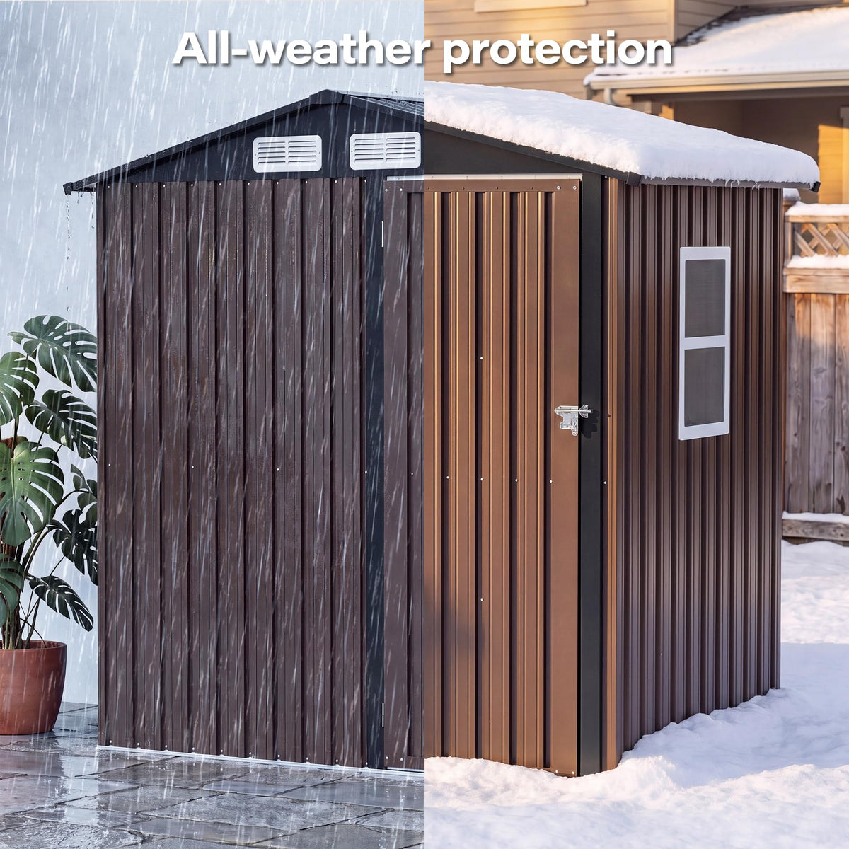LAUSAINT HOME 8 x 6 FT Outdoor Storage Shed with Window, Galvanized Steel Storage Shed, Double Lockable Doors, Gable Roof &amp; Air Vent for Backyard, Brown
