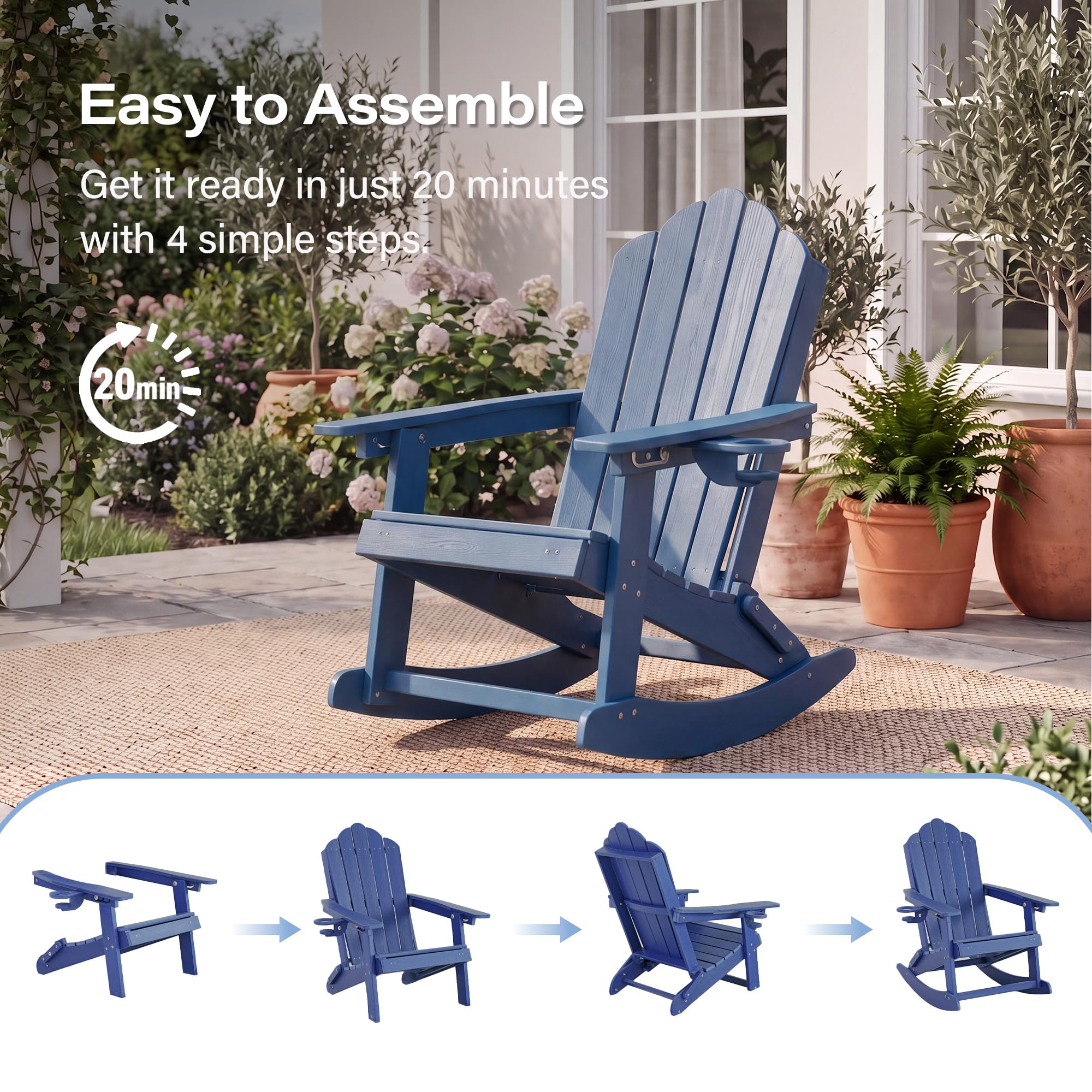LAUSAINT HOME Folding Adirondack Rocking Chairs Set with Retractable Ottomans, 3-Position Adjustable Backrests and Cup Holders