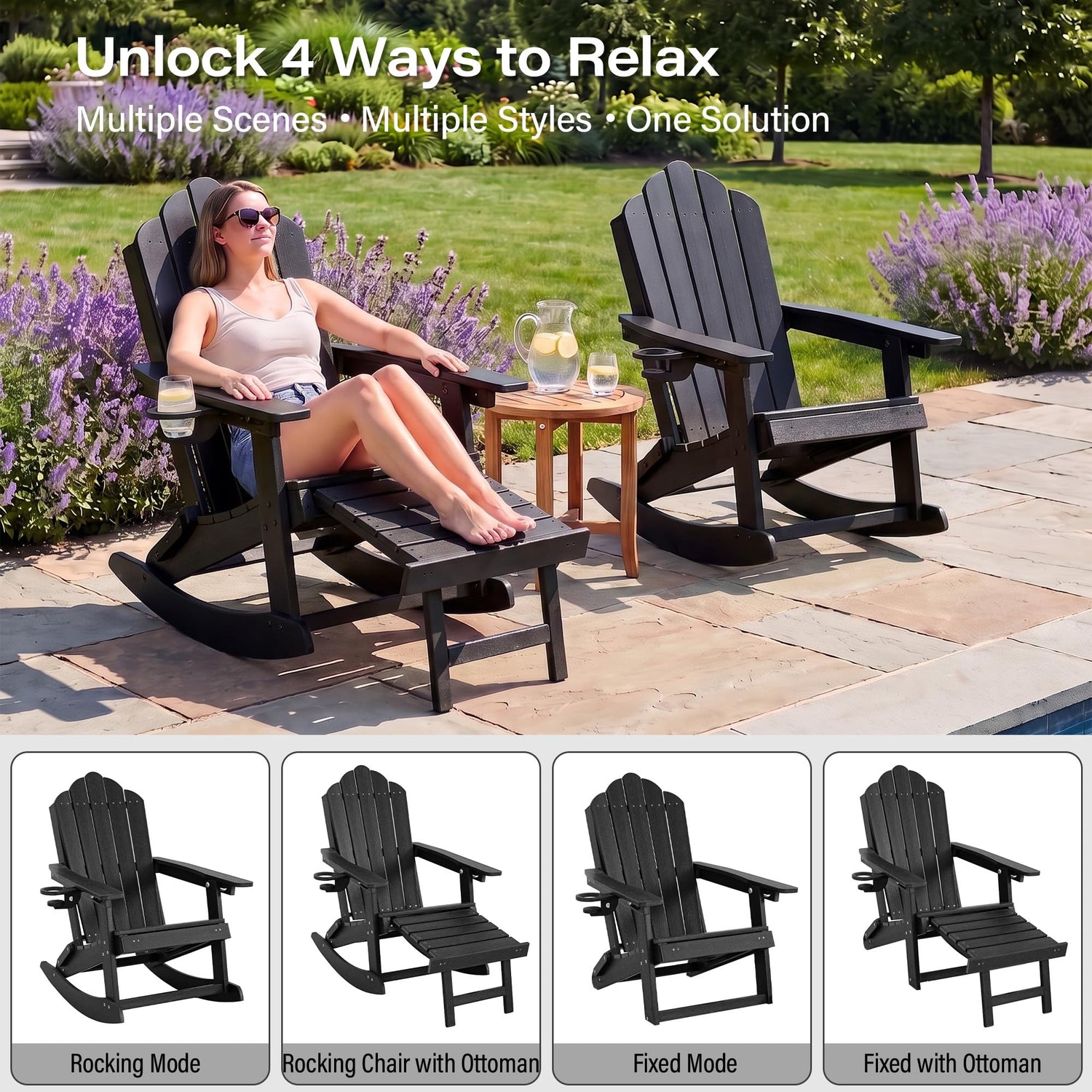 LAUSAINT HOME Folding Adirondack Rocking Chairs Set with Retractable Ottomans, 3-Position Adjustable Backrests and Cup Holders