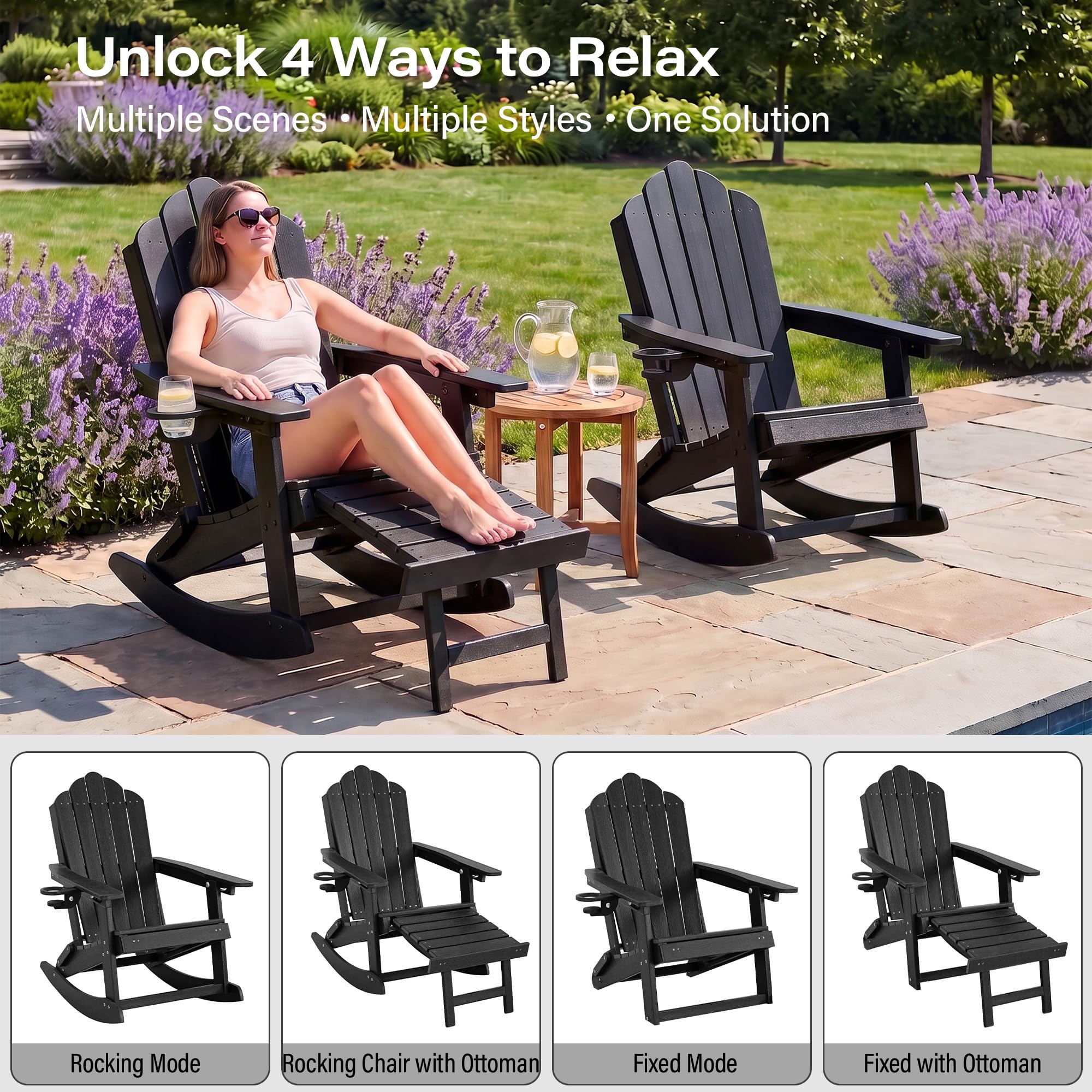 LAUSAINT HOME Folding Adirondack Rocking Chairs Set with Retractable Ottomans, 3-Position Adjustable Backrests and Cup Holders