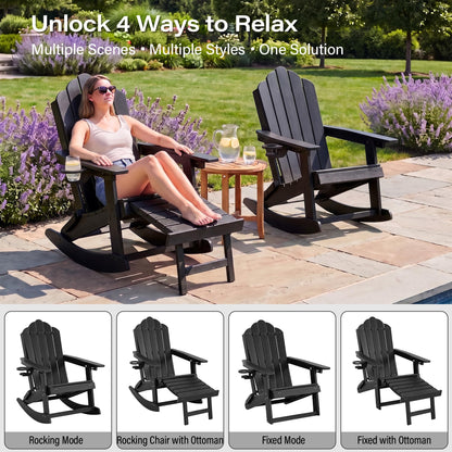 LAUSAINT HOME Folding Adirondack Rocking Chairs Set with Retractable Ottomans, 3-Position Adjustable Backrests and Cup Holders