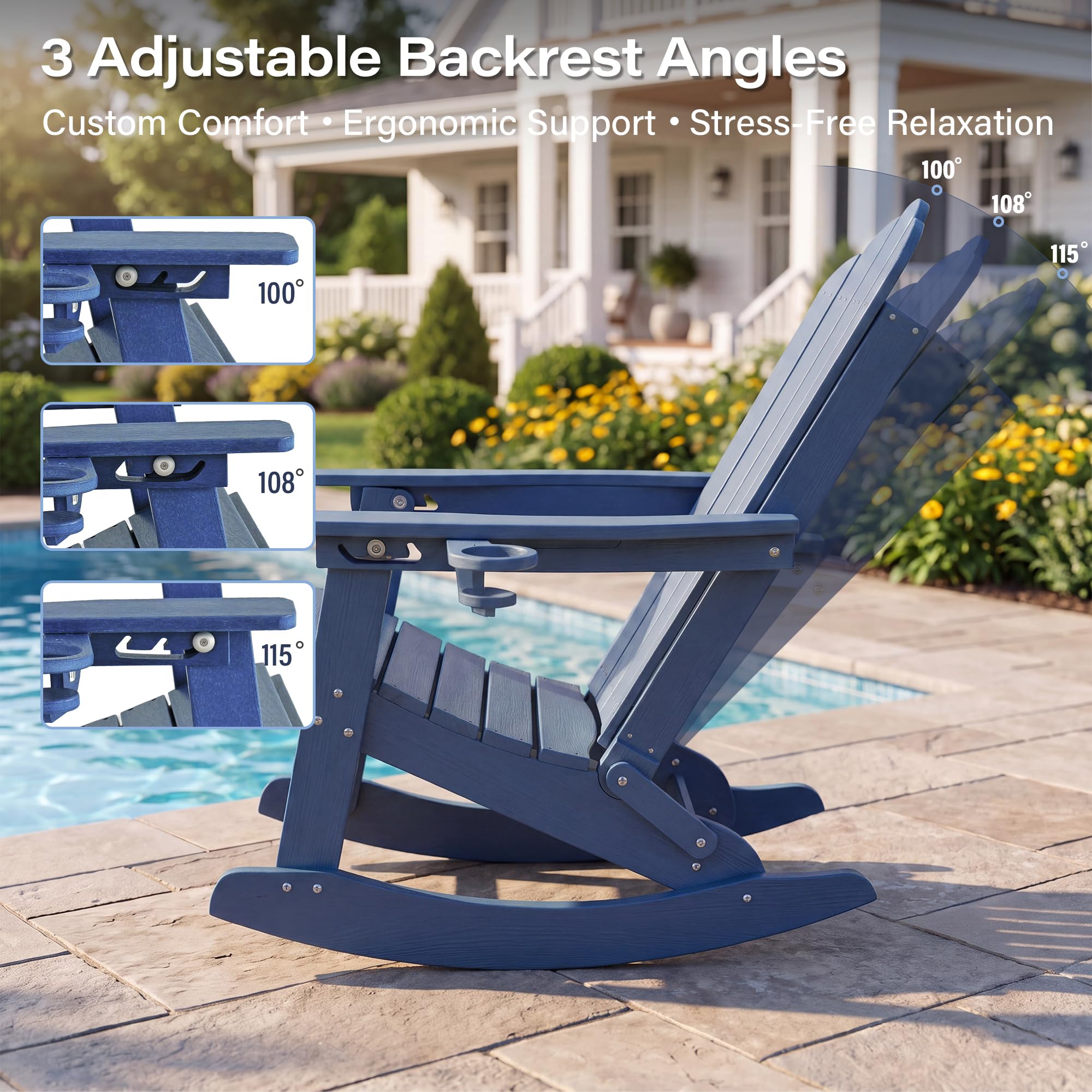 LAUSAINT HOME Folding Adirondack Rocking Chairs Set with Retractable Ottomans, 3-Position Adjustable Backrests and Cup Holders
