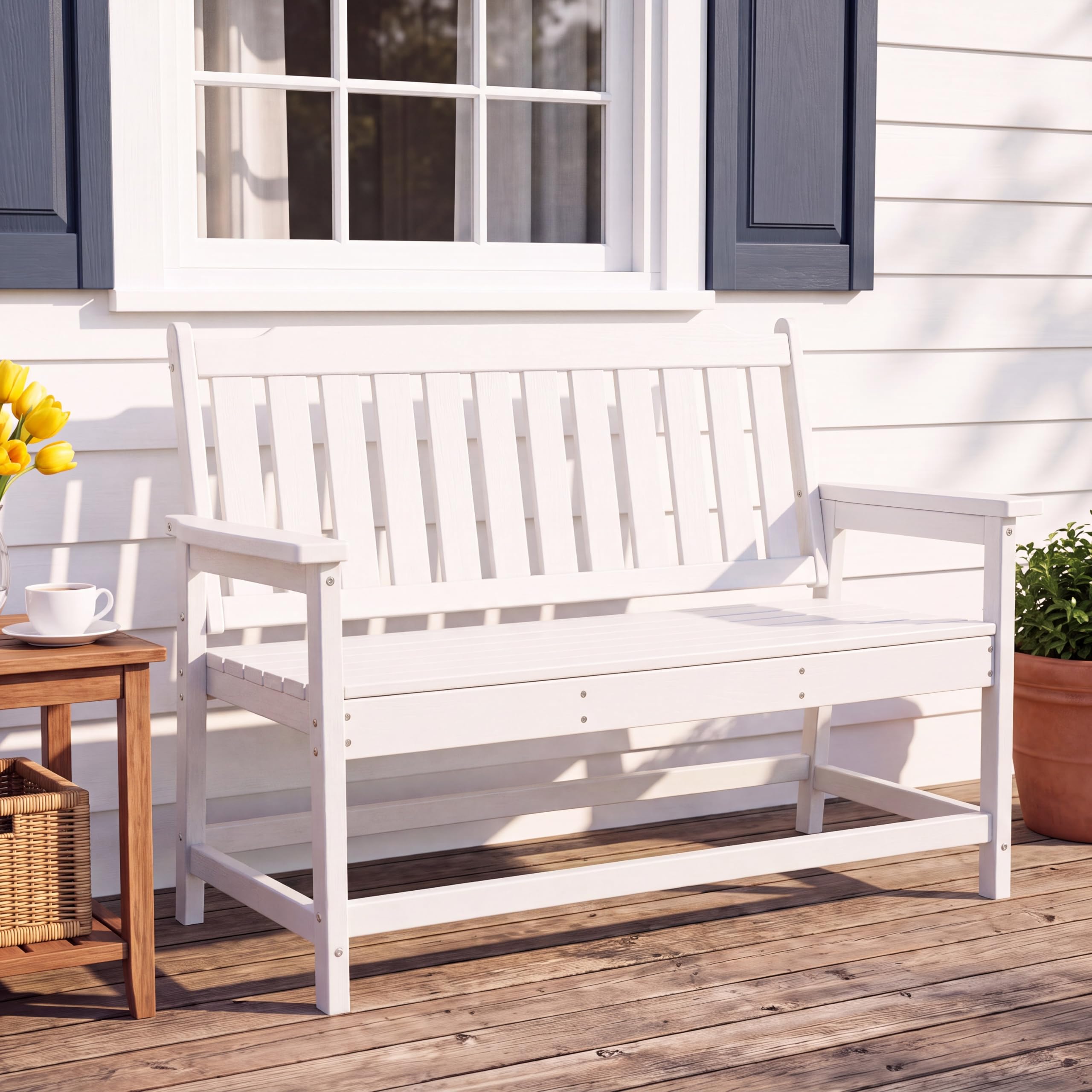 LAUSAINT HOME HDPE Outdoor Bench, Weather-Resistant Patio &amp; Porch Bench with Aluminum-Reinforced Frame