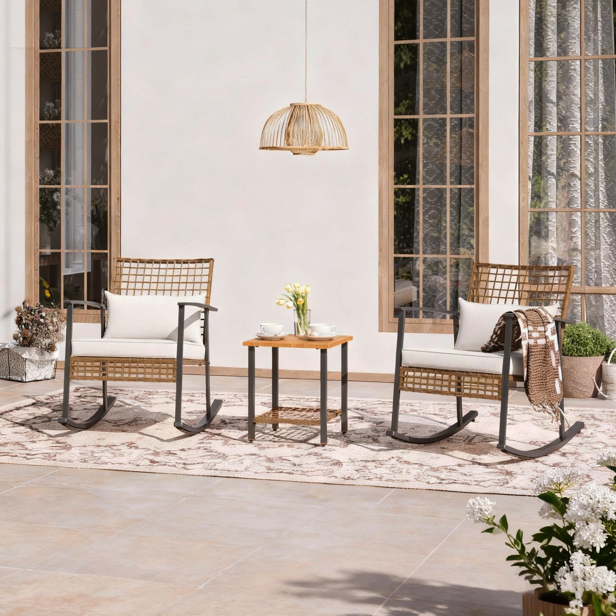 LAUSAINT HOME 3 Pieces Rocking Patio Bistro Set, Wicker Outdoor Conversation Set