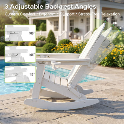 LAUSAINT HOME Folding Adirondack Rocking Chairs Set with Retractable Ottomans, 3-Position Adjustable Backrests and Cup Holders