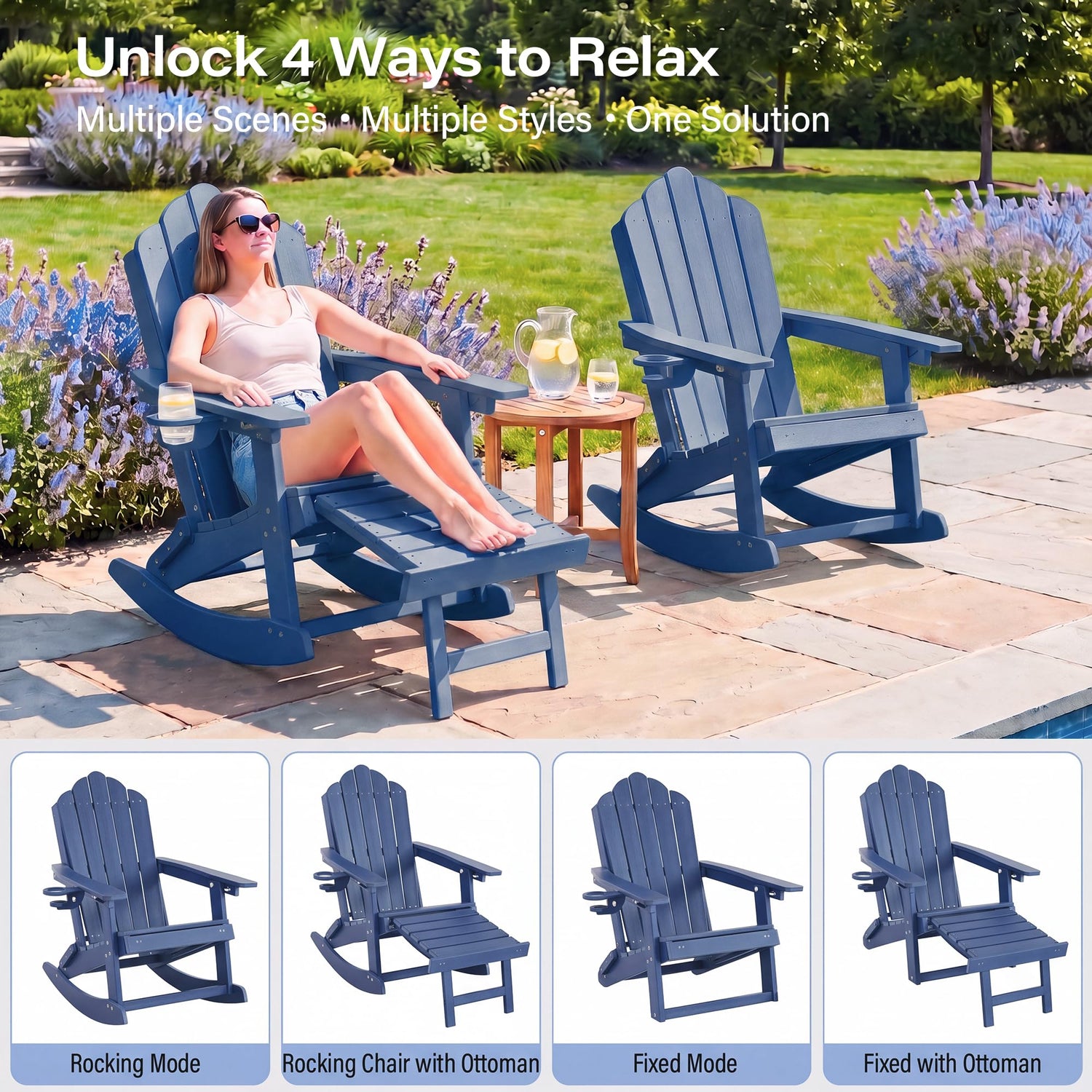 LAUSAINT HOME Folding Adirondack Rocking Chairs Set with Retractable Ottomans, 3-Position Adjustable Backrests and Cup Holders