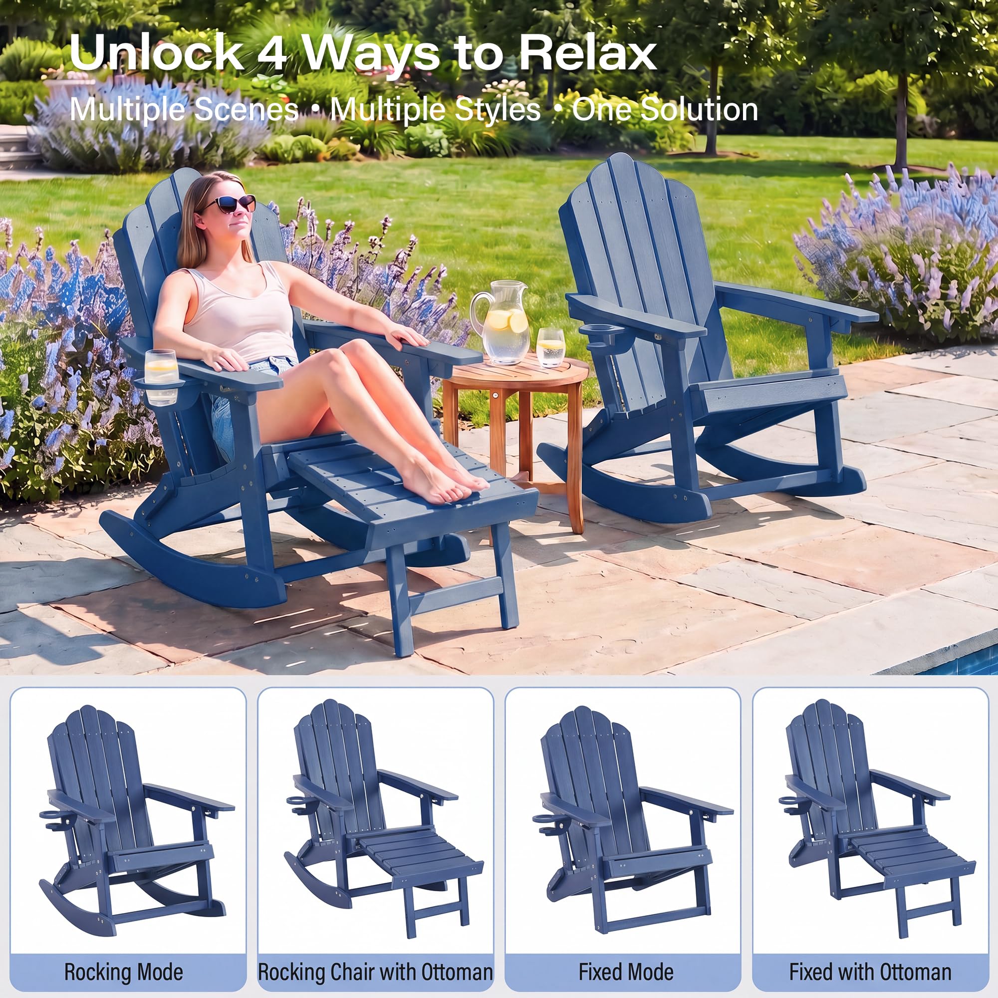 LAUSAINT HOME Folding Adirondack Rocking Chairs Set with Retractable Ottomans, 3-Position Adjustable Backrests and Cup Holders