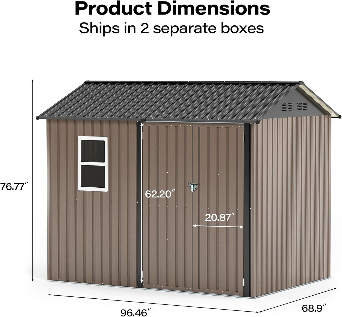 LAUSAINT HOME 8 x 6 FT Outdoor Storage Shed with Window, Galvanized Steel Storage Shed, Double Lockable Doors, Gable Roof &amp; Air Vent for Backyard, Brown