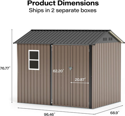 LAUSAINT HOME 8 x 6 FT Outdoor Storage Shed with Window, Galvanized Steel Storage Shed, Double Lockable Doors, Gable Roof &amp; Air Vent for Backyard, Brown
