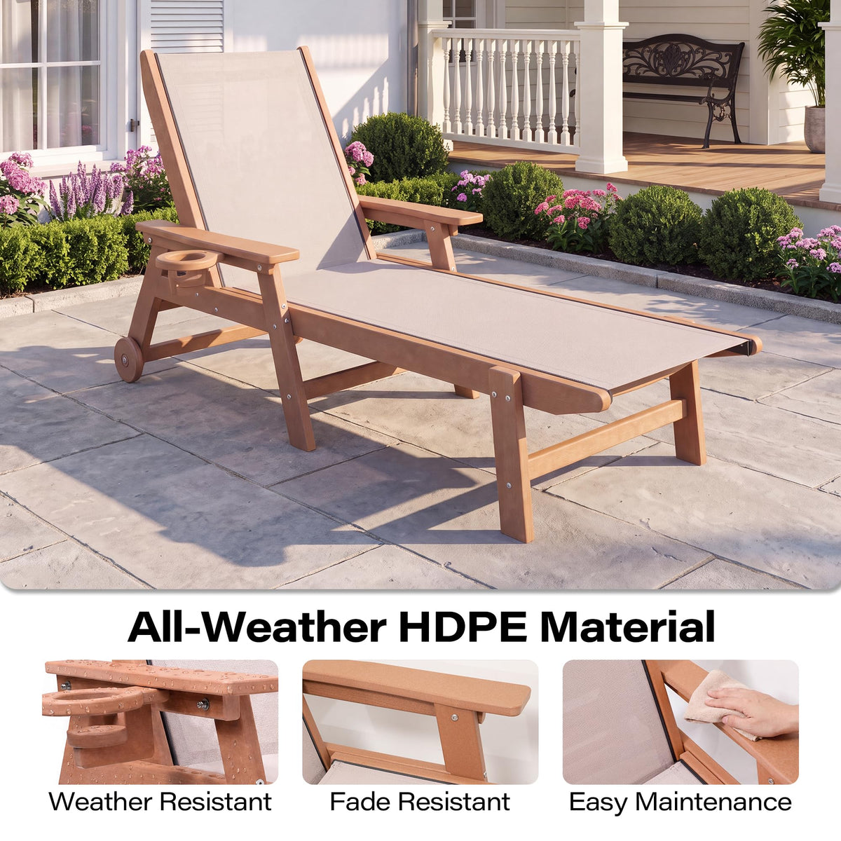 LAUSAINT HOME Outdoor Chaise Lounge Chair, 5-Position Adjustable Patio Lounge Chair, Folding HDPE Chaise Lounge with Breathable Textilene Fabric, Cup Holder &amp; Wheels for Poolside, Backyard &amp; Deck 2pcs