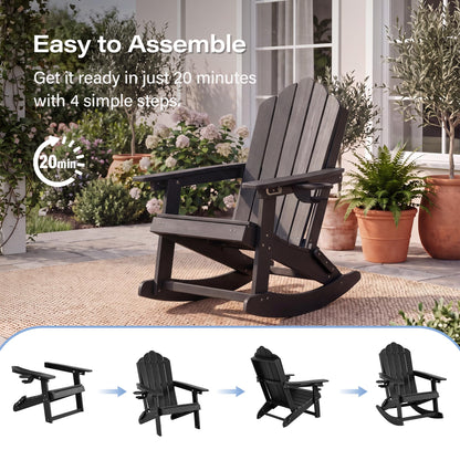LAUSAINT HOME Folding Adirondack Rocking Chairs Set with Retractable Ottomans, 3-Position Adjustable Backrests and Cup Holders