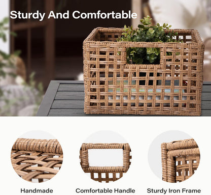LAUSAINT HOME Rectangle Wicker Basket with Handles for Storage, Large Natural Baskets for Organizing, Woven Basket for Shelves in Living room, Kitchen, Bathroom (2 pack)