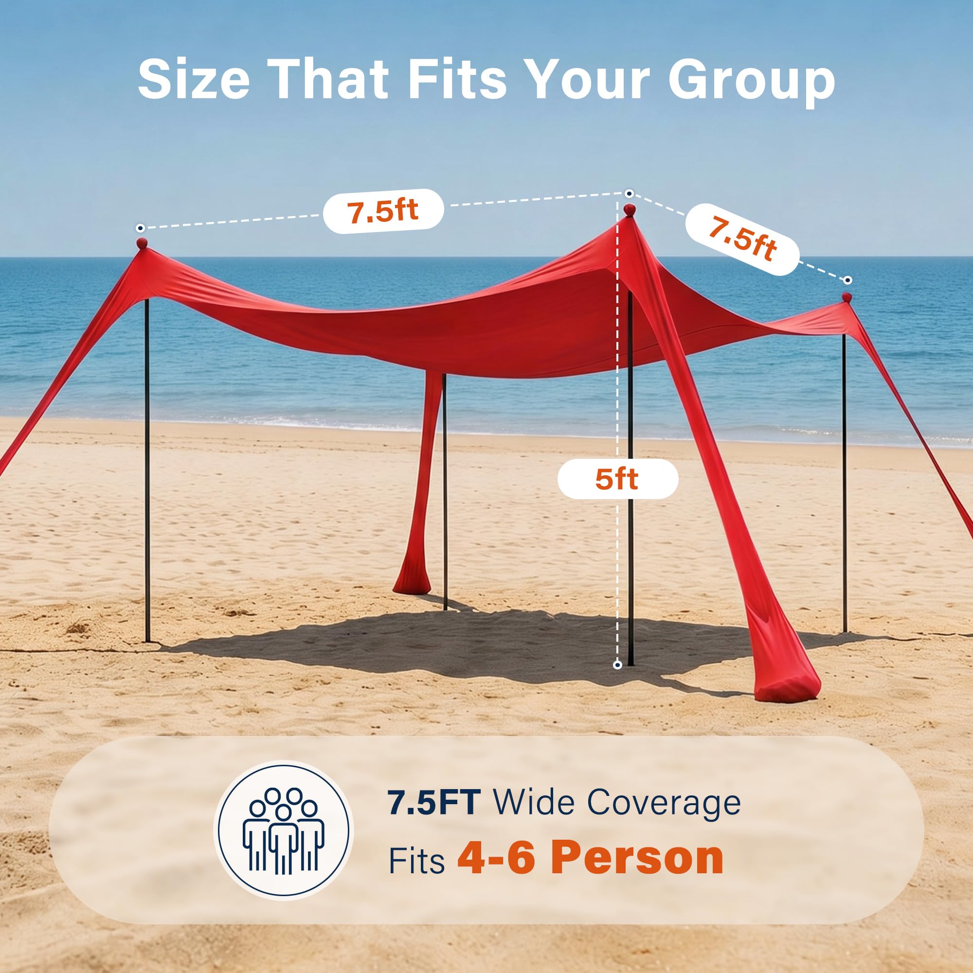 LAUSAINT HOME Beach Tent, 7.5x7.5FT Easy Pop Up Beach Canopy Sun Shade UPF 50+ Protection with 4 Windproof Stability Poles and Sandbags, Outdoor Sun Shelter for Family Camping, Sky Blue