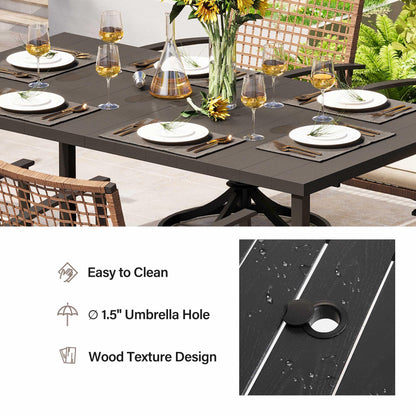 LAUSAINT HOME 7 Pieces Patio Dining Set, Outdoor Furniture Set of 6 Wicker Chairs (2 of Them Swivel) with Soft Cushion and Iron Slats Table Top with Umbrella Hole, Conversation Set for Backyard