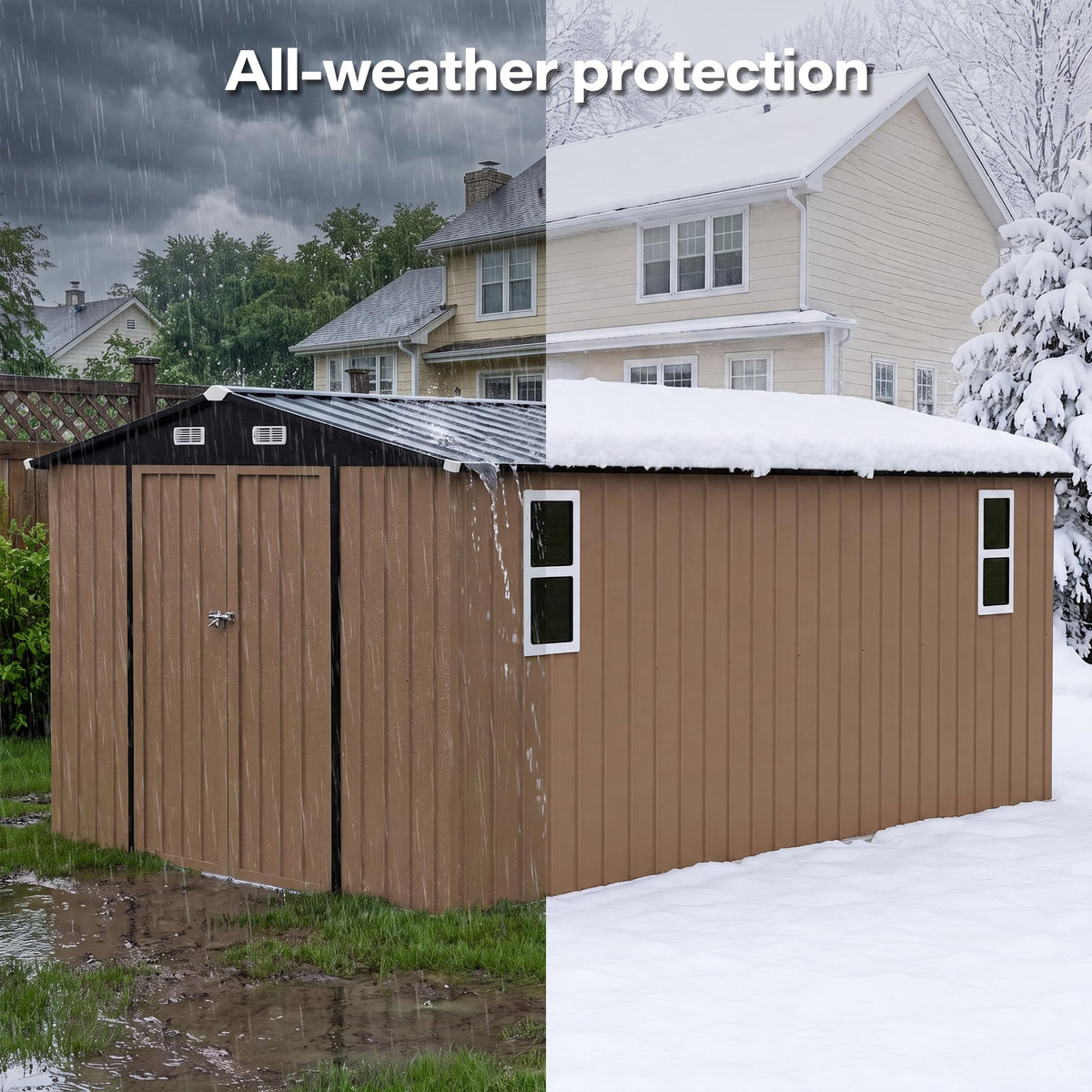 LAUSAINT HOME 8 x 6 FT Outdoor Storage Shed with Window, Galvanized Steel Storage Shed, Double Lockable Doors, Gable Roof &amp; Air Vent for Backyard, Brown