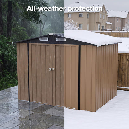 LAUSAINT HOME 8 x 6 FT Outdoor Storage Shed with Window, Galvanized Steel Storage Shed, Double Lockable Doors, Gable Roof &amp; Air Vent for Backyard, Brown
