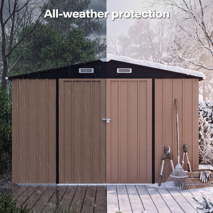 LAUSAINT HOME 8 x 6 FT Outdoor Storage Shed with Window, Galvanized Steel Storage Shed, Double Lockable Doors, Gable Roof &amp; Air Vent for Backyard, Brown