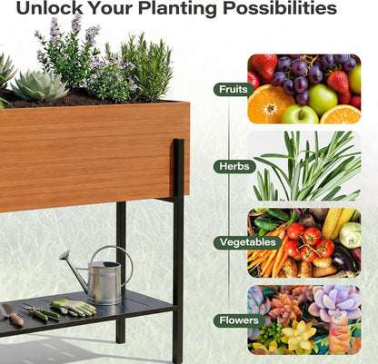 LAUSAINT HOME Outdoor Raised Garden Bed with Legs and Storage Shelf, 32" Tall Metal Elevated Planter Box