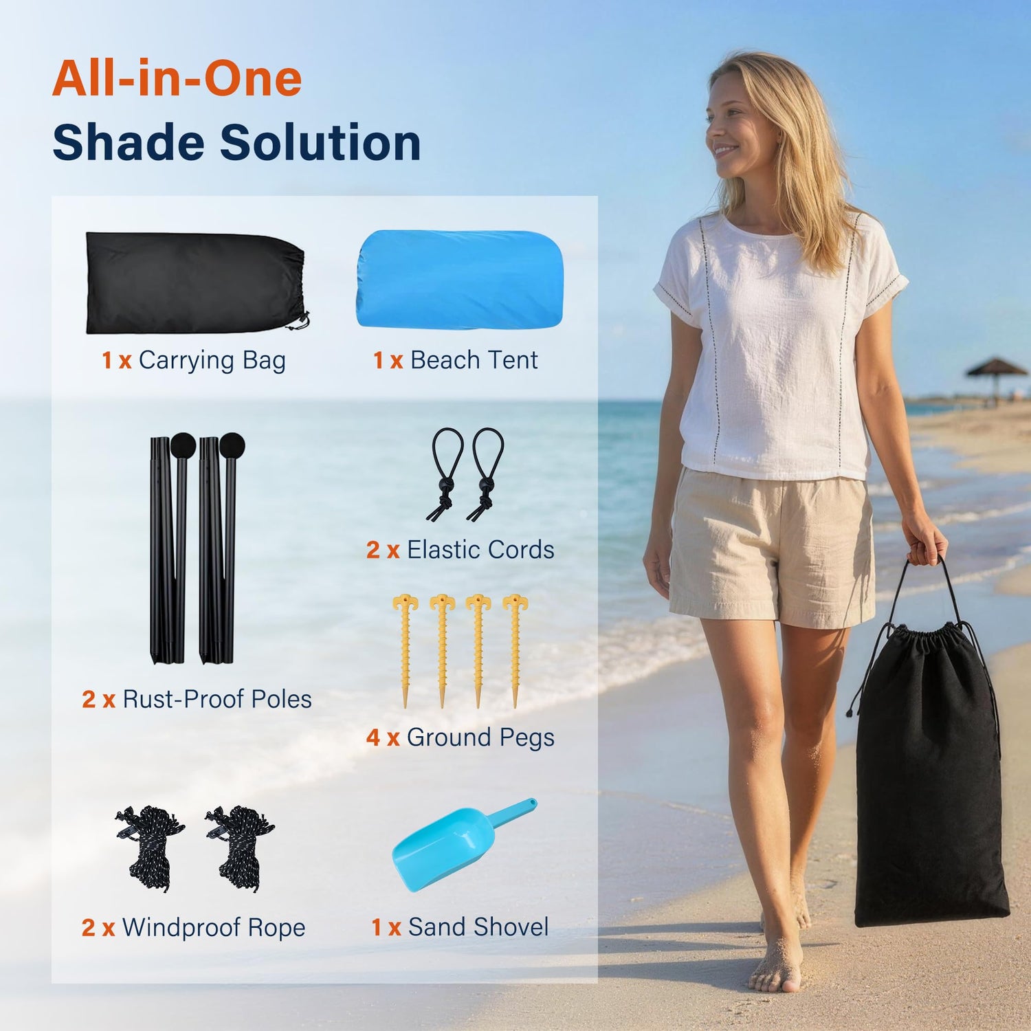 LAUSAINT HOME Beach Tent, 7.5x7.5FT Easy Pop Up Beach Canopy Sun Shade UPF 50+ Protection with 4 Windproof Stability Poles and Sandbags, Outdoor Sun Shelter for Family Camping, Sky Blue