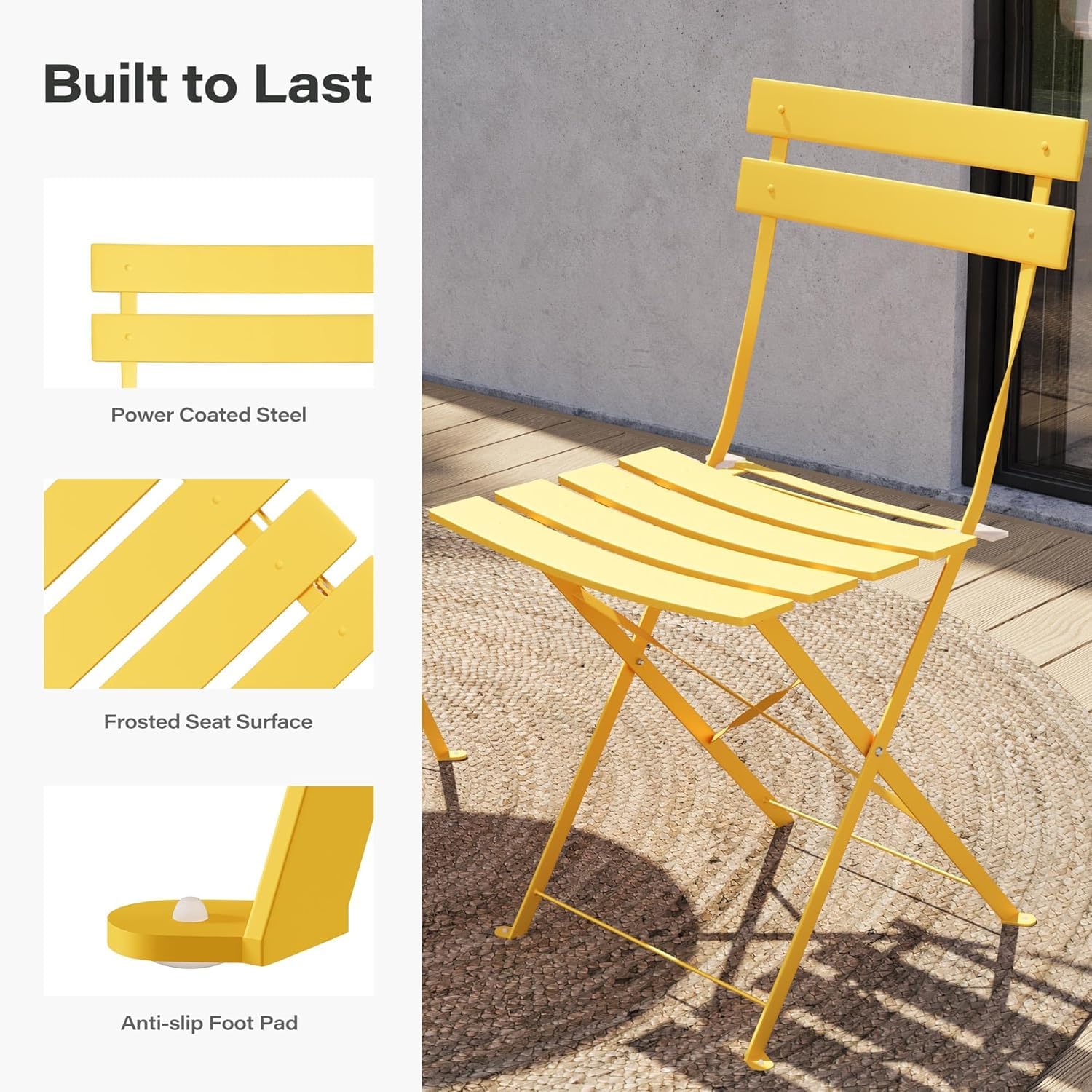LAUSAINT HOME 3-Piece Steel Folding Bistro Set, Premium Weather-Resistant Patio Table &amp; 2 Chairs