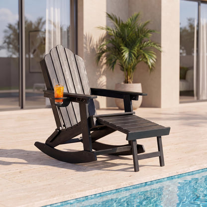 LAUSAINT HOME Folding Adirondack Rocking Chairs Set with Retractable Ottomans, 3-Position Adjustable Backrests and Cup Holders
