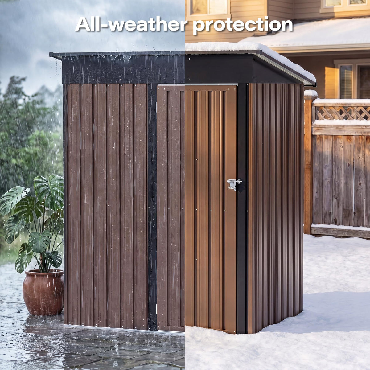 LAUSAINT HOME 8 x 6 FT Outdoor Storage Shed with Window, Galvanized Steel Storage Shed, Double Lockable Doors, Gable Roof &amp; Air Vent for Backyard, Brown
