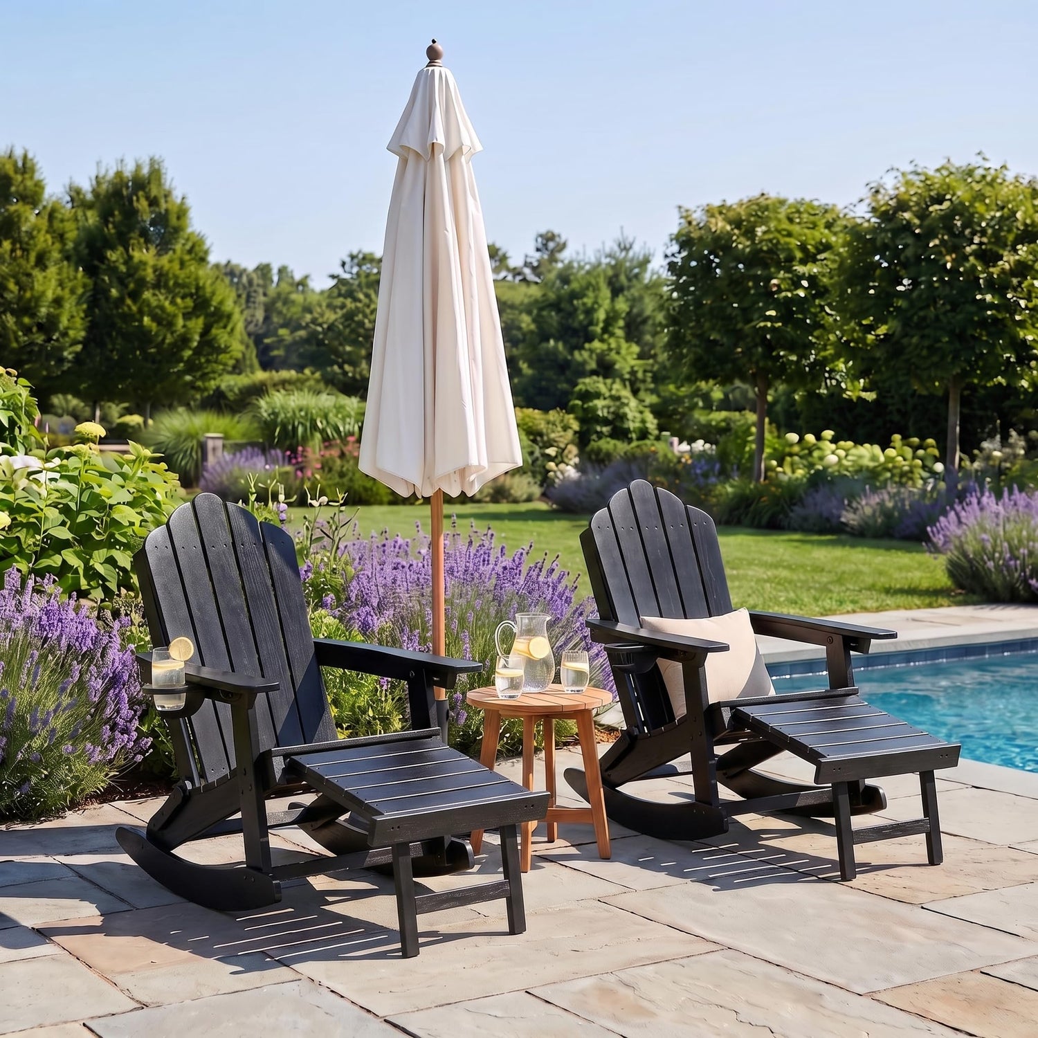 LAUSAINT HOME Folding Adirondack Rocking Chairs Set with Retractable Ottomans, 3-Position Adjustable Backrests and Cup Holders