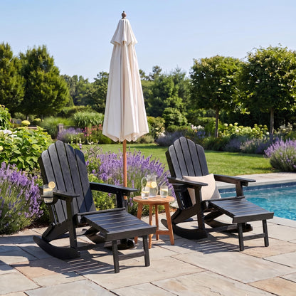 LAUSAINT HOME Folding Adirondack Rocking Chairs Set with Retractable Ottomans, 3-Position Adjustable Backrests and Cup Holders