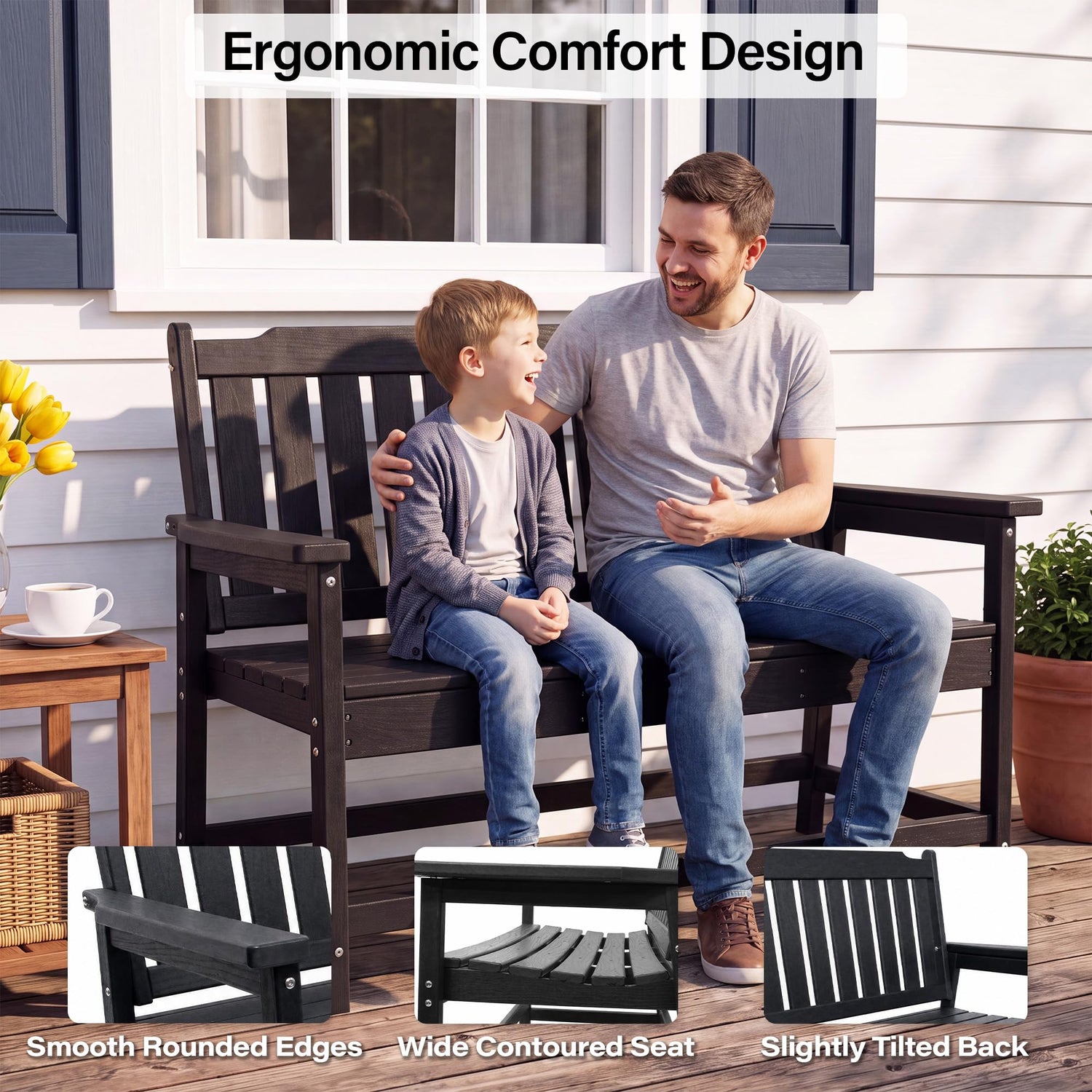 LAUSAINT HOME HDPE Outdoor Bench, Weather-Resistant Patio &amp; Porch Bench with Aluminum-Reinforced Frame