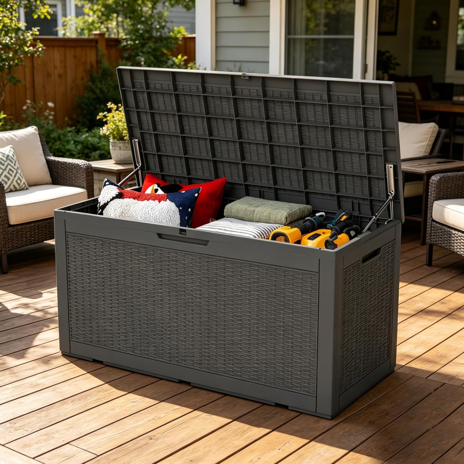 LAUSAINT HOME Resin Deck Box for Outdoor Storage - Weatherproof Patio Storage Bench