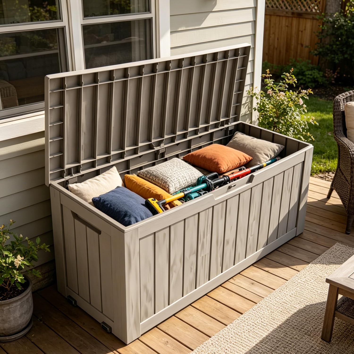 LAUSAINT HOME Resin Deck Box for Outdoor Storage - Weatherproof Patio Storage Bench