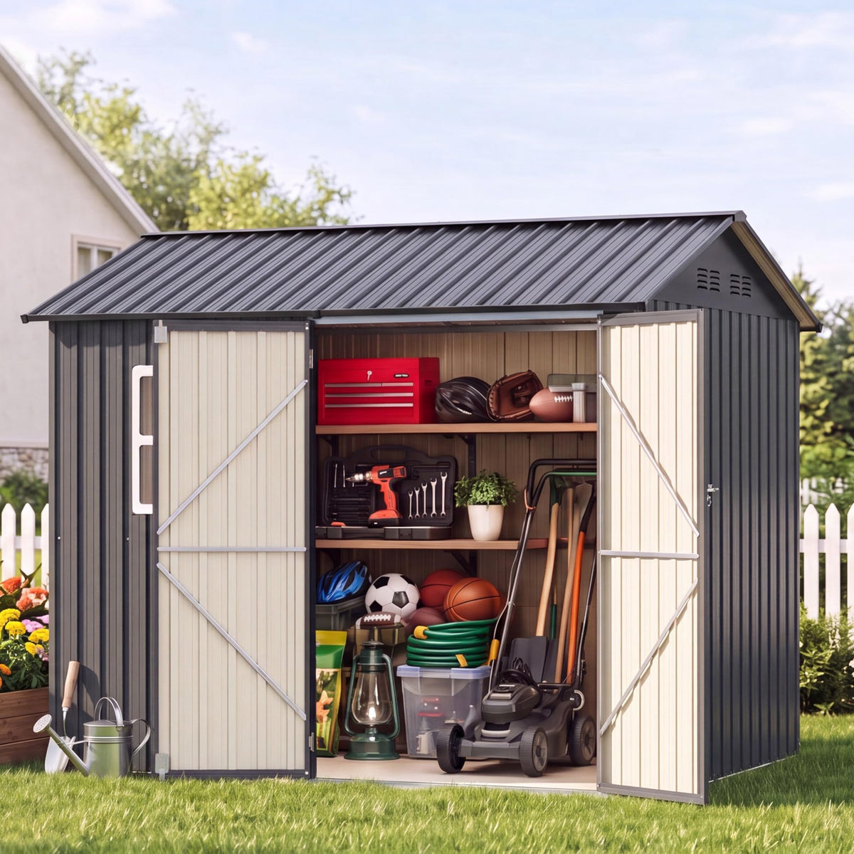LAUSAINT HOME 10 x 3 FT 2-in-1 Metal Outdoor Storage Shed with Hardtop Gazebo, Lockable Galvanized Steel Lean-to Tool Shed with Sloped Roof, Black