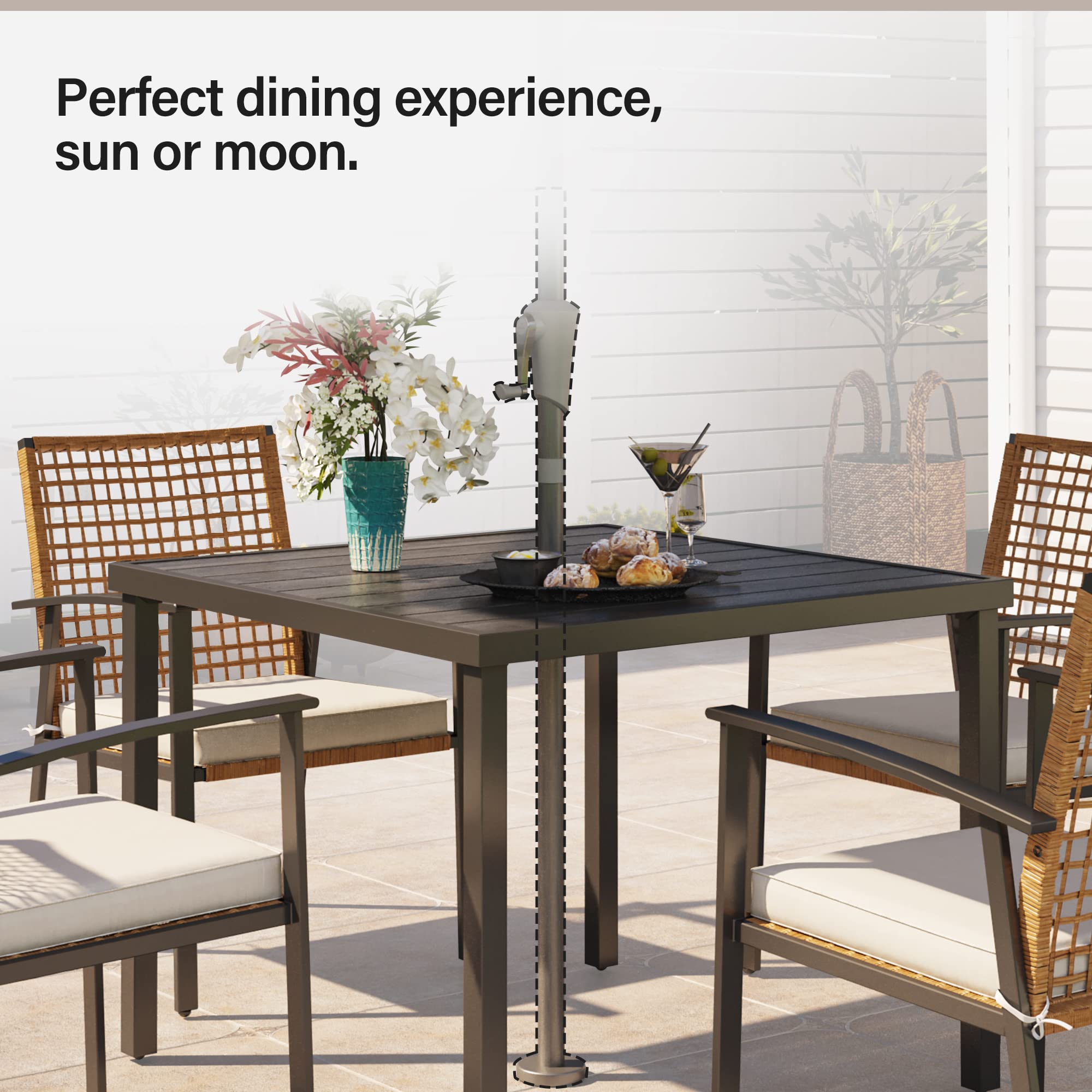 LAUSAINT HOME Outdoor Dining Table with Umbrella Hole, Weather Resistant Heavy Duty Metal Frame Table