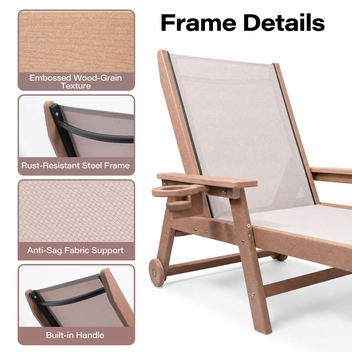 LAUSAINT HOME Outdoor Chaise Lounge Chair, 5-Position Adjustable Patio Lounge Chair, Folding HDPE Chaise Lounge with Breathable Textilene Fabric, Cup Holder &amp; Wheels for Poolside, Backyard &amp; Deck 2pcs