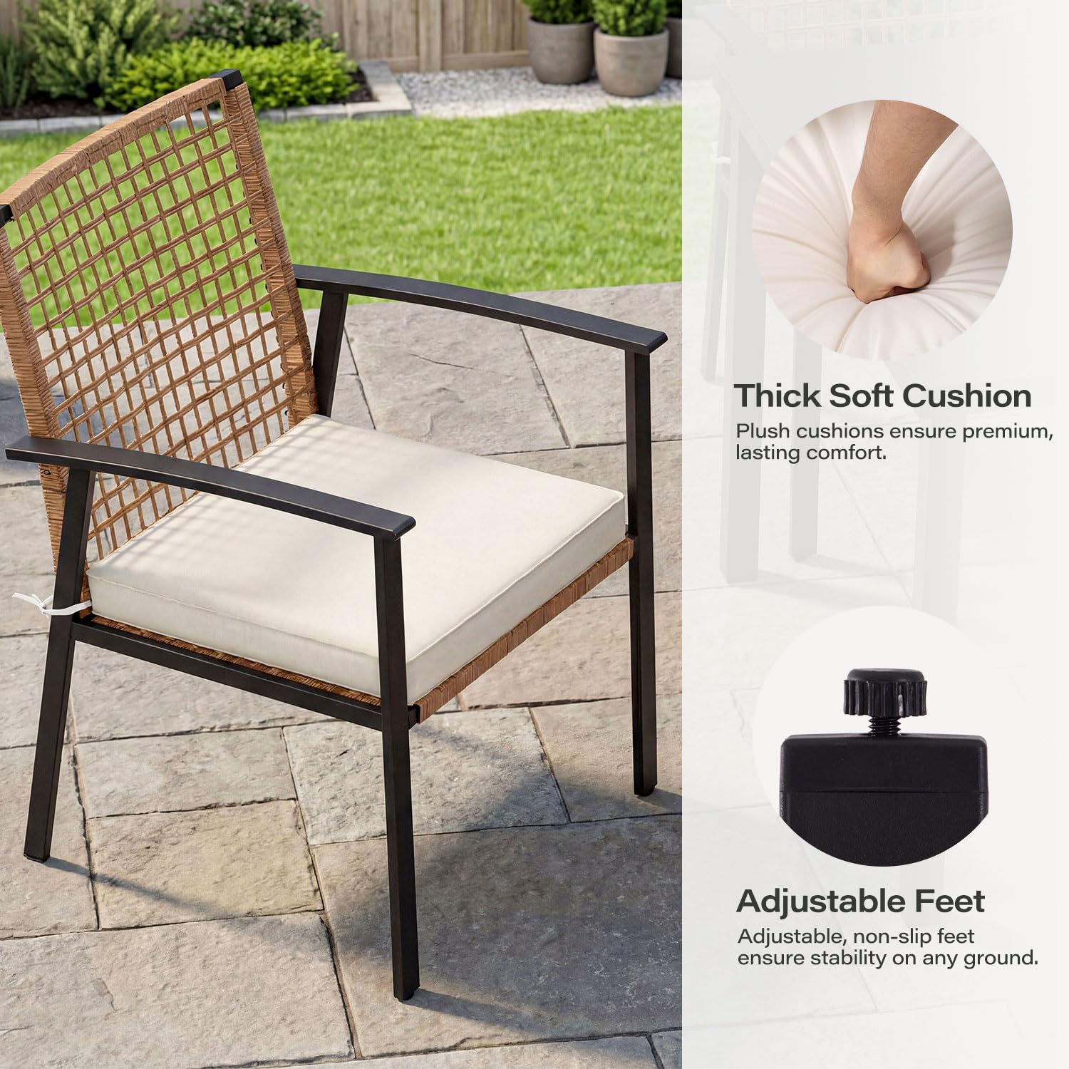 LAUSAINT HOME 7 Pieces Patio Dining Set, Outdoor Furniture Set of 6 Wicker Chairs (2 of Them Swivel) with Soft Cushion and Iron Slats Table Top with Umbrella Hole, Conversation Set for Backyard