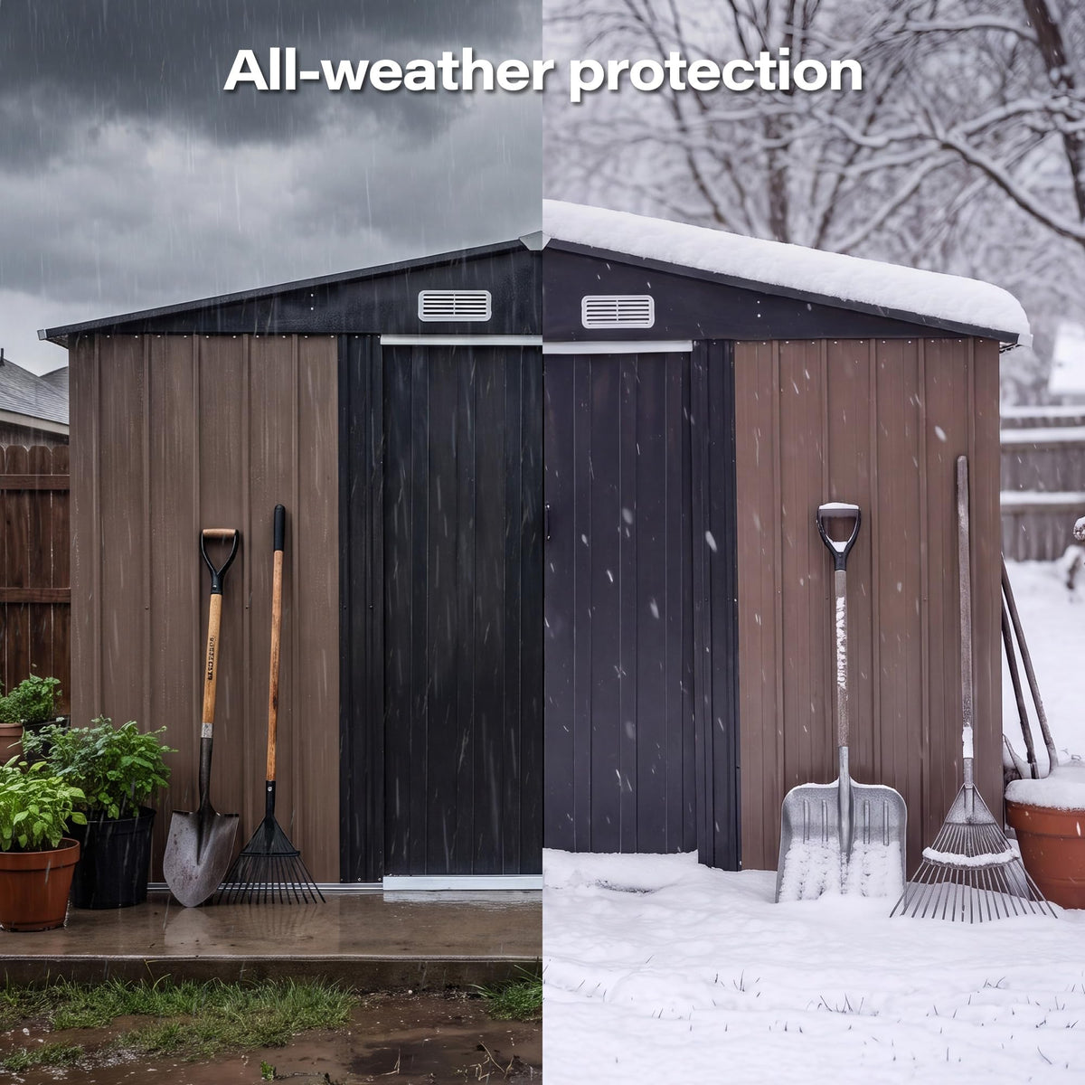 LAUSAINT HOME 8 x 6 FT Outdoor Storage Shed with Window, Galvanized Steel Storage Shed, Double Lockable Doors, Gable Roof &amp; Air Vent for Backyard, Brown