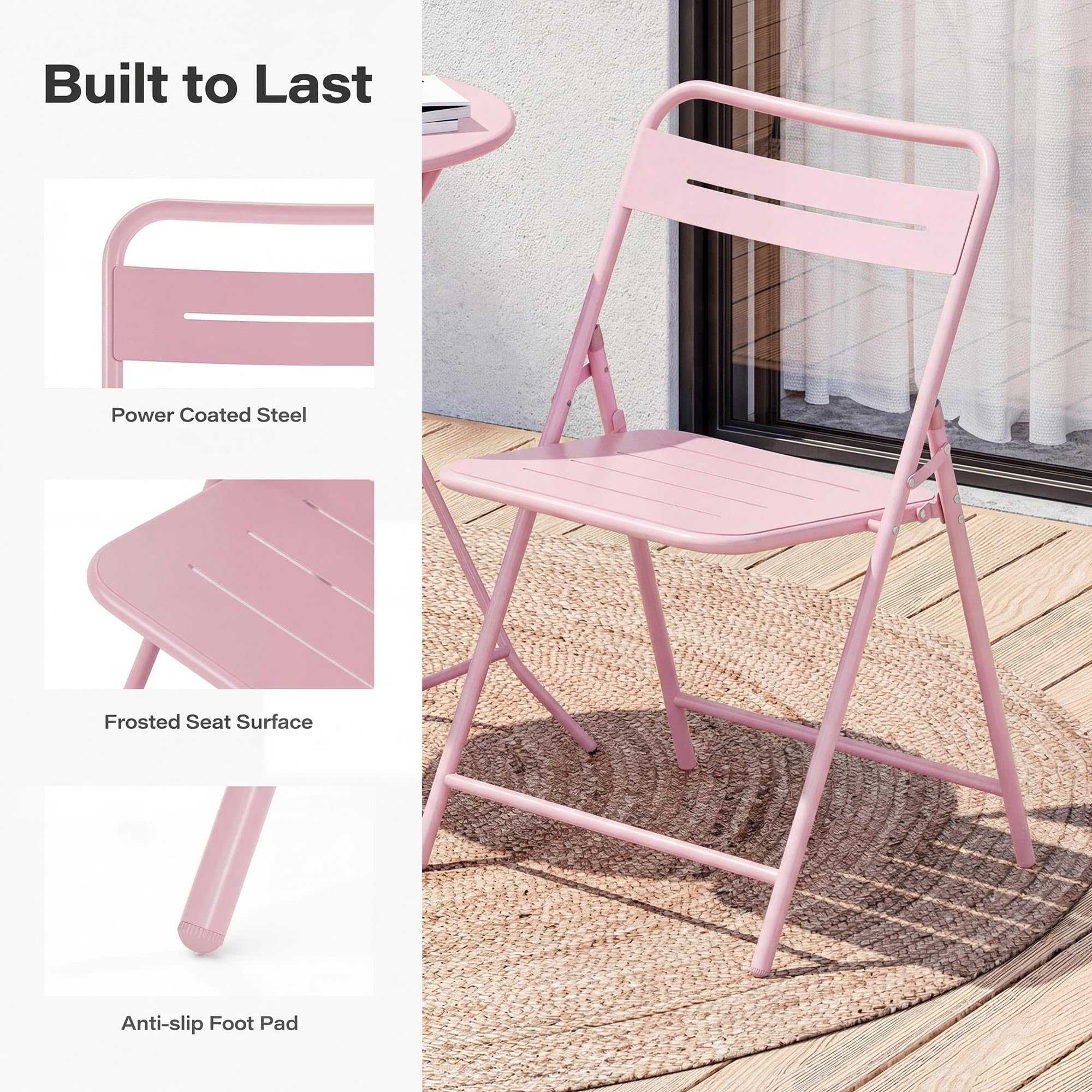 LAUSAINT HOME 3-Piece Steel Folding Bistro Set, Premium Weather-Resistant Patio Table &amp; 2 Chairs