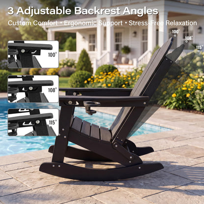 LAUSAINT HOME Folding Adirondack Rocking Chairs Set with Retractable Ottomans, 3-Position Adjustable Backrests and Cup Holders
