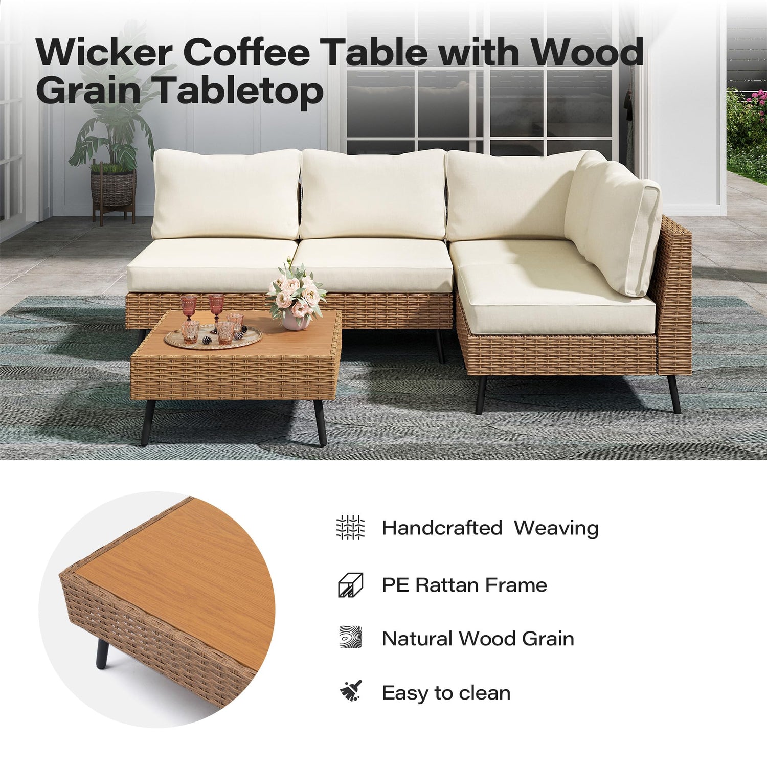 LAUSAINT HOME Outdoor Patio Furniture, 6 Piece Outdoor Sectional Sofa PE Rattan Wicker Patio Conversation Sets, All Weather Patio Furniture Set with Thick Cushions for Garden, Backyard(Beige)