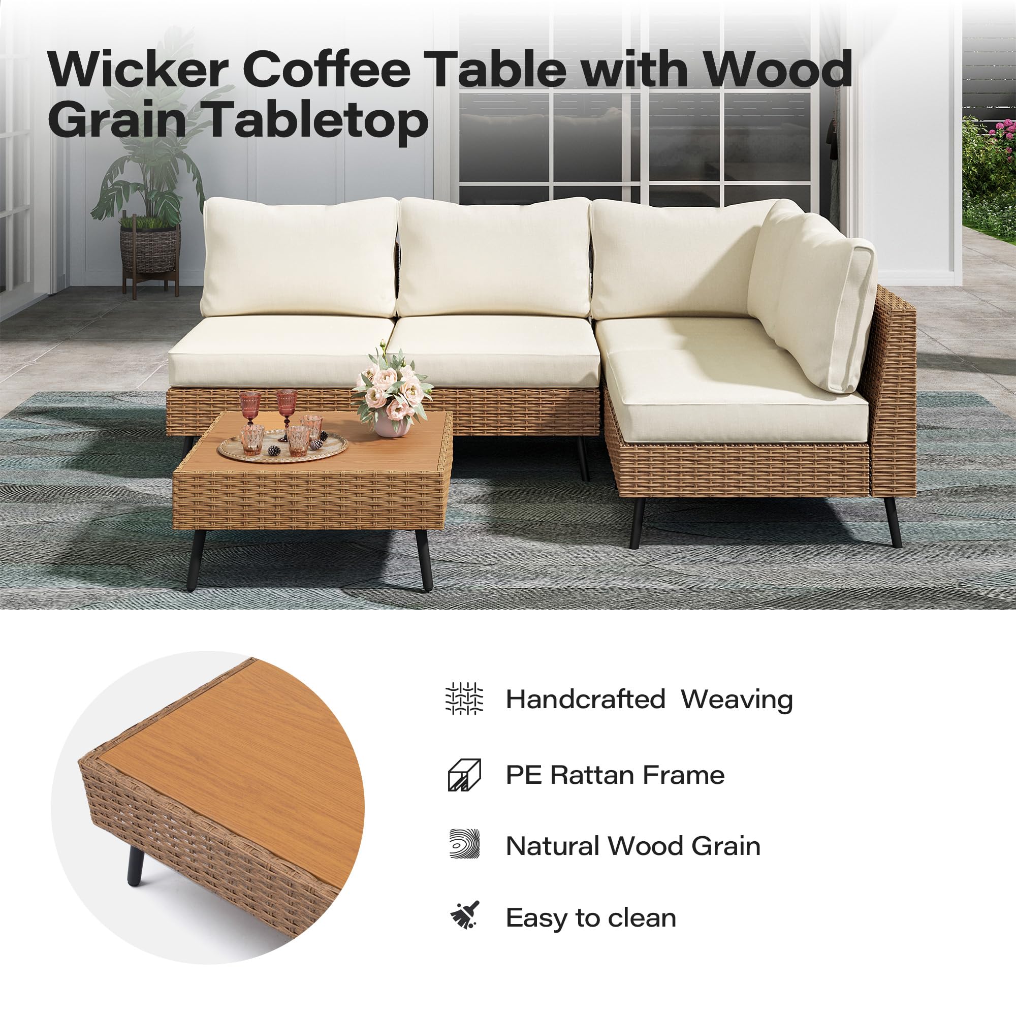 LAUSAINT HOME Outdoor Patio Furniture, 6 Piece Outdoor Sectional Sofa PE Rattan Wicker Patio Conversation Sets, All Weather Patio Furniture Set with Thick Cushions for Garden, Backyard(Beige)