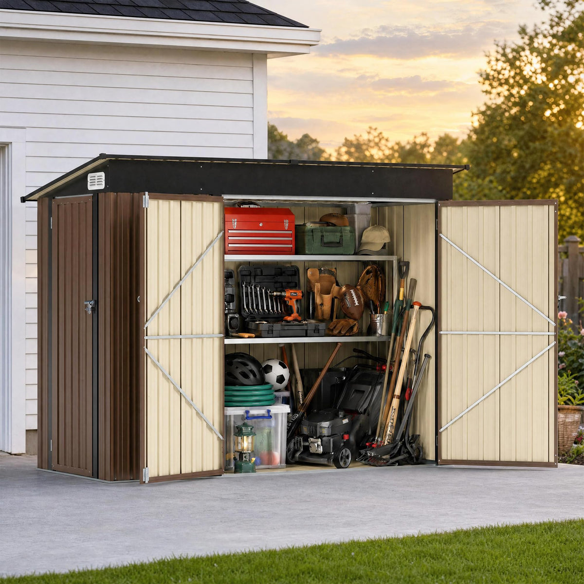 LAUSAINT HOME 10 x 3 FT 2-in-1 Metal Outdoor Storage Shed with Hardtop Gazebo, Lockable Galvanized Steel Lean-to Tool Shed with Sloped Roof, Black