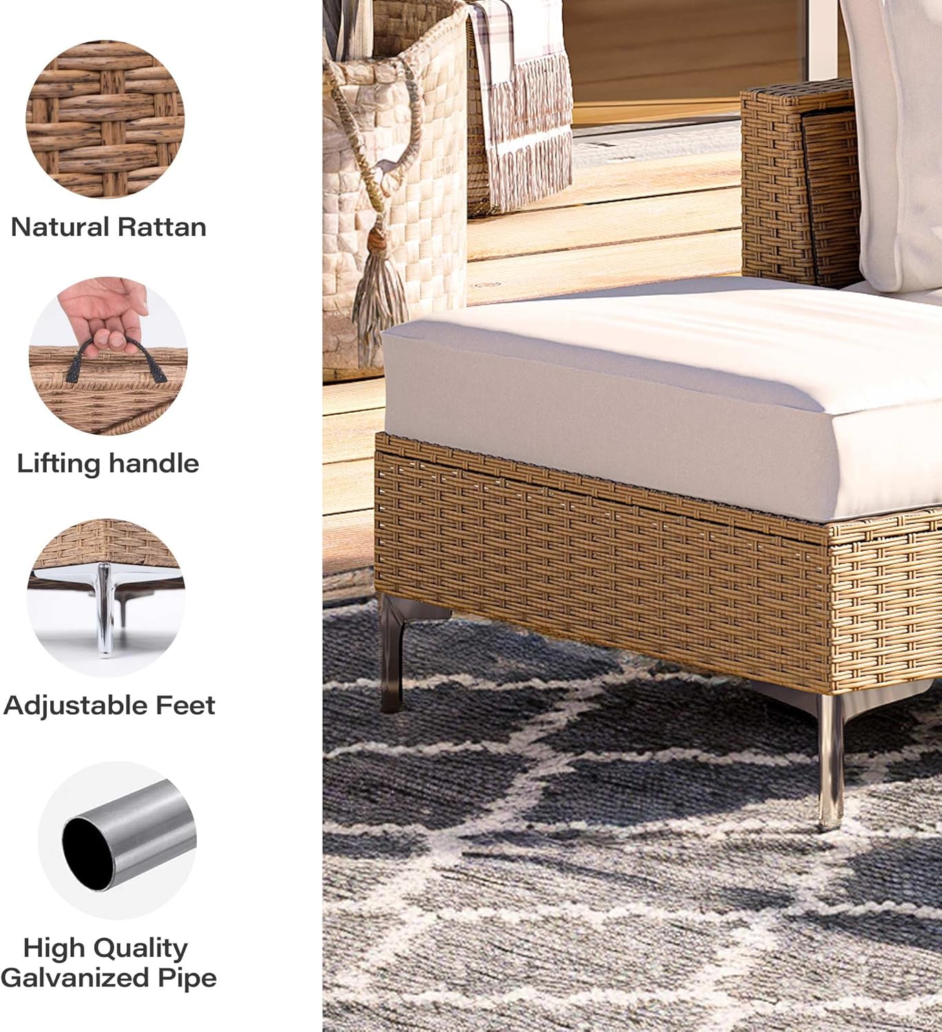 LAUSAINT HOME 2 Pieces Outdoor Patio Ottoman Set with Large 5-Inch Beige Cushions