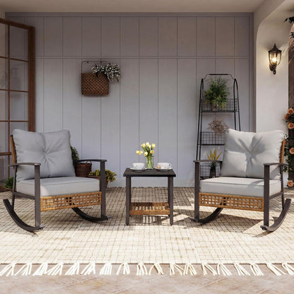 LAUSAINT HOME 3 Pieces Rocking Bistro Set, Oversize Rattan Conversation Set, Thick Cushions for Garden, Balcony, Backyard