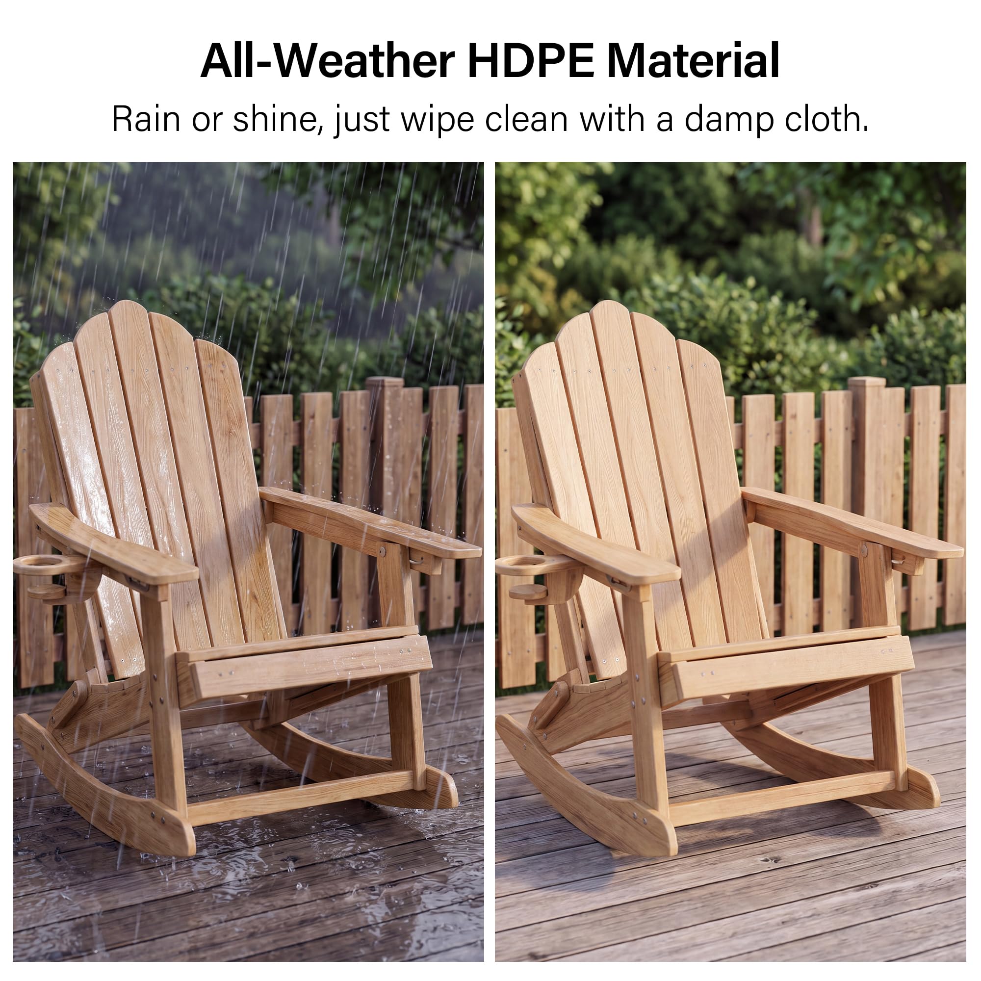 LAUSAINT HOME Folding Adirondack Rocking Chairs Set with Retractable Ottomans, 3-Position Adjustable Backrests and Cup Holders