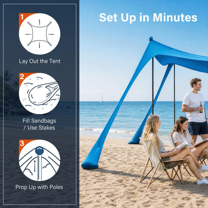 LAUSAINT HOME Beach Tent, 7.5x7.5FT Easy Pop Up Beach Canopy Sun Shade UPF 50+ Protection with 4 Windproof Stability Poles and Sandbags, Outdoor Sun Shelter for Family Camping, Sky Blue