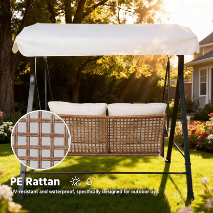 LAUSAINT HOME Porch Swing, 2 Person Wicker Patio Swing Chair with Adjustable Canopy